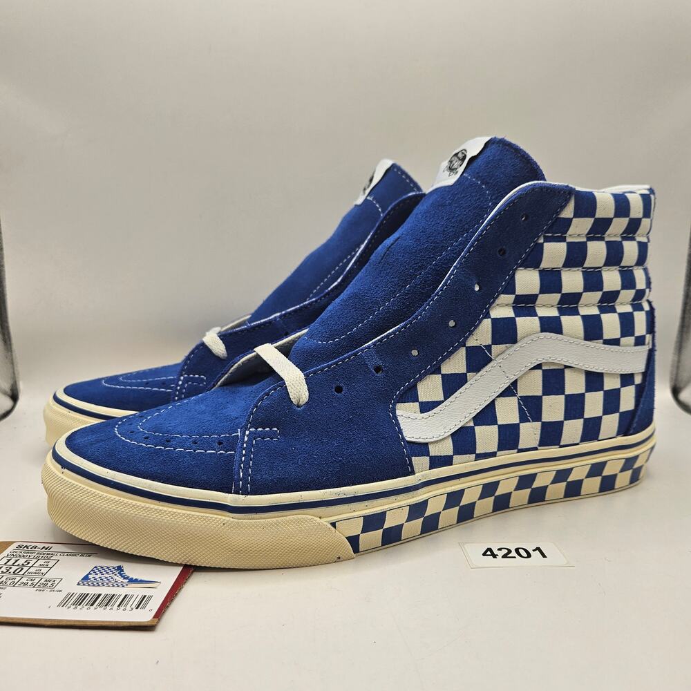 VANS MEN'S 11.5 SK8-HI CHECKERBOARD SIDEWALL CLASSIC BLUE SKATEBOARD NWOB